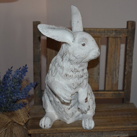 Resin Distressed Shabby Chic White Bunny Rabbit Country Cottage Farmhouse Decor - Picture 6 of 11